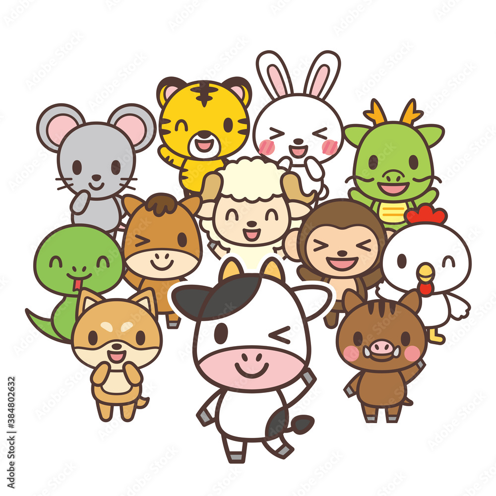 かわいい漫画の動物キャラクターの集合イラスト 十二支キャラクター Stock Vector Adobe Stock