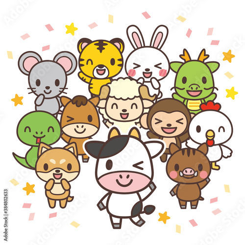 かわいい漫画の動物キャラクターの集合イラスト、十二支キャラクター