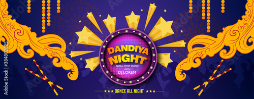 Vector design of Indian couple playing Garba in Dandiya Night  in disco  poster forNavratri Dussehra festival of India Invitation Card Background.