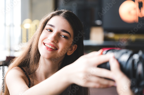 young cute women taking selfie