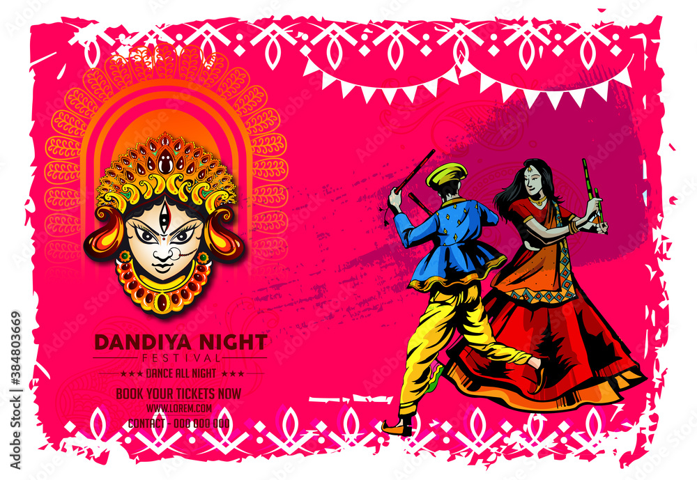 Vector design of Indian couple playing Garba in Dandiya Night  in disco  poster for Navratri Dussehra festival of India Invitation Card Background.