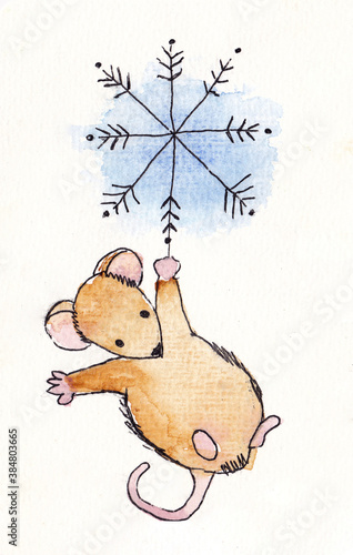 Watercolor drawing of mouse and snowflake