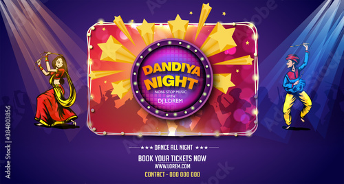 Vector design of Indian couple playing Garba in Dandiya Night  in disco  poster forNavratri Dussehra festival of India Invitation Card Background.