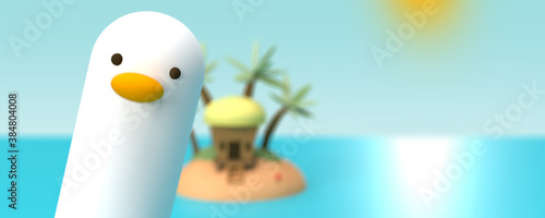 Illustration 3D d'un photobombing d'un mouette avec un arrière-plan  d'une petite île isolée comportant une habitation et des palmiers. concept de voyage