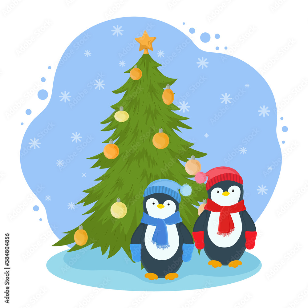New year cartoon illustration. Funny scene with two penguins and a Christmas tree with balls.