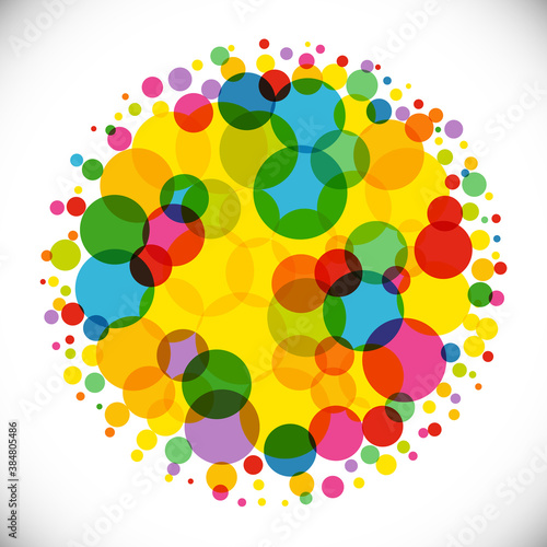 Bright colorful background. Isolated abstract graphic design template. Colored ball. Trendy decoration with transparent effects. Yellow, red, green colors. Holiday creative circle. Decorative element.