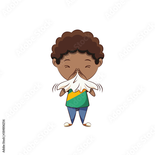 Boy blowing his nose, cute child sneezing