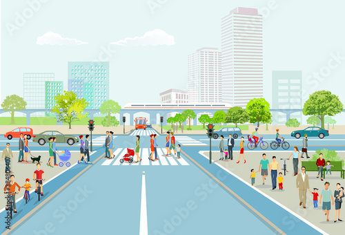 Stadt mit Straßenverkehr, Hochhäuser, Wohnhäuser und Fußgänger auf den Bürgersteig, Illustration