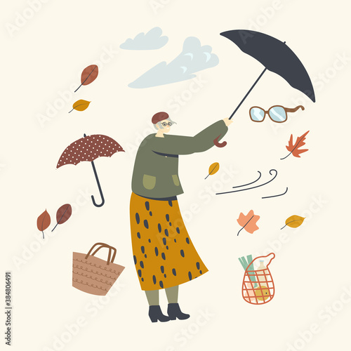 Senior Woman Hold Broken Umbrella Protecting from Hurricane. Aged Female Character Fighting with Extremely Blowing Wind