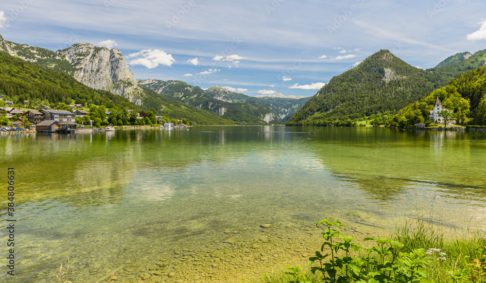 Lake Grundlsee in summer. Village Grundlsee, region Salzkammergut, Liezen district of Styria, Austria, Europe.