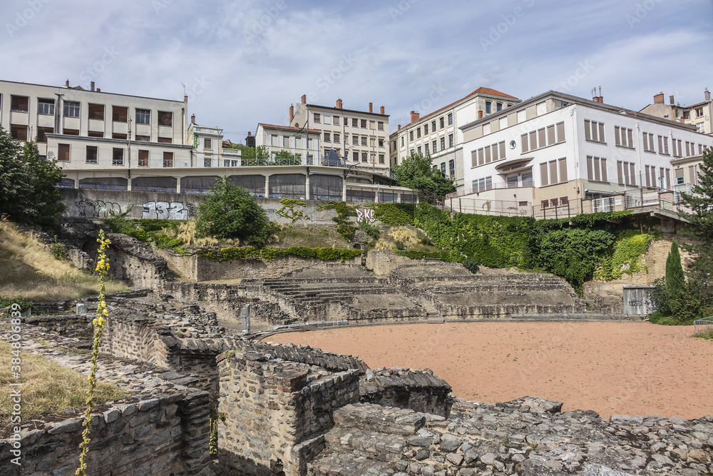 Fototapeta premium Roman Amphitheater of the Trois Gaules on the Croix-Rousse Hill built circa 20AD. This Amphitheater used for gladiators battles and hunting. Lyon, Rhone, France