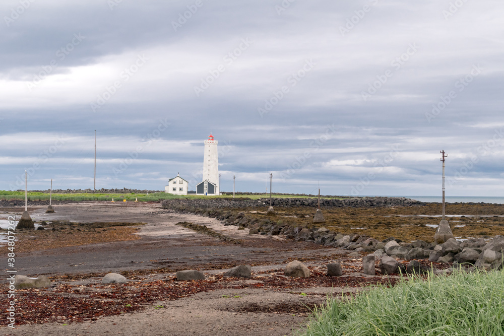 Landscape view with Grotta Island Lighthouse near Reykjavik.