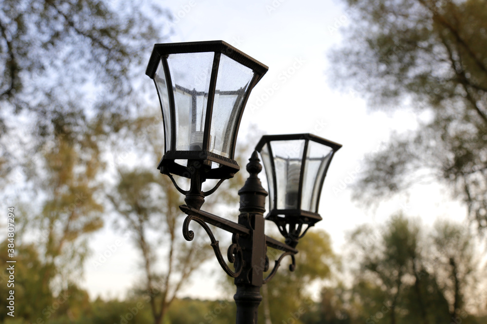 Two metal lanterns on a background of green trees Two metal lanterns on a background of green trees