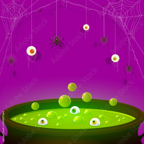 Halloween Green Potion in Cauldron with Eyes and Spiders