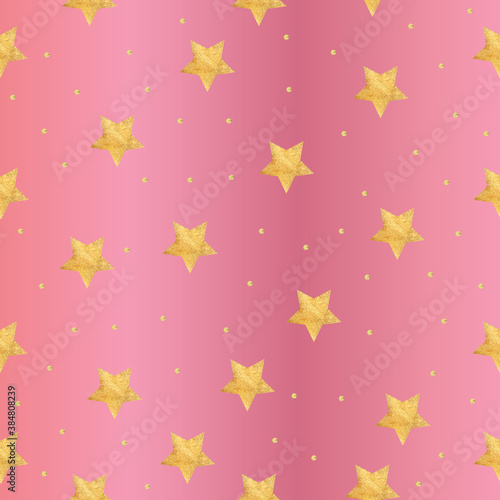 Pink pattern with golden stars, scrapbooking and digital paper