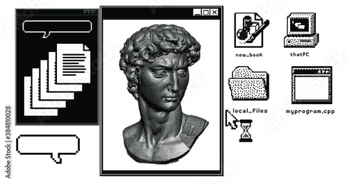 Pixel art ilustration with marble sculpture, David head bust. Vaporwave and retrowave style collage, postmodern aesthetics of 80's-90's.