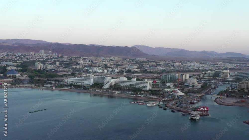 Eilat coastline, waterfront hotels and The Red Sea , Aerial view
Eilat coastline, waterfront hotels and The Red Sea , Aerial view