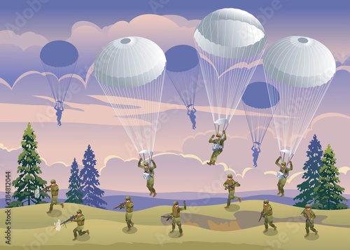 Airborne Special Forces attack off road at sunset, evening landscape and cloudy sky illustration isometric icons on isolated background
