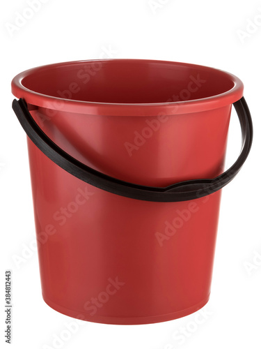 red plastic bucket with black handle