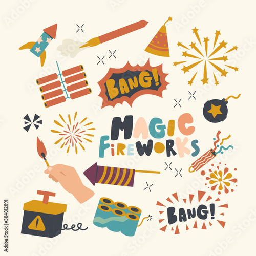 Set Icons Pyrotechnics Theme. Festival Petards, Fireworks, Crackers, Sparklers on White Background. Holiday Pyrotechnic