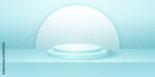 Realistic round podium or pedestal with cyan empty studio room, minimal product background, template mock up for display, geometric shape