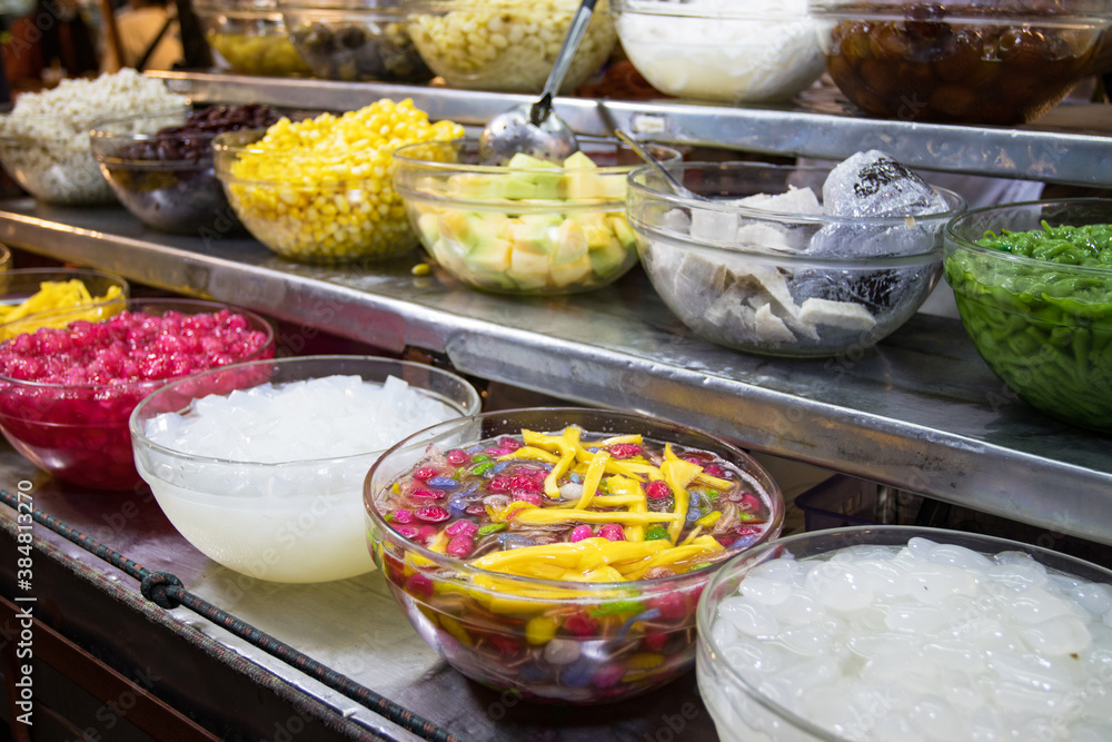 Many Thai Shaved Ice Desserts and Sweet Treats in Thailand at Street Food Bangkok Thailand Many Thai Shaved Ice Desserts and Sweet Treats in Thailand at Street Food Bangkok Thailand