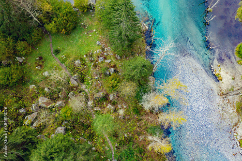 Mello valley in Valtellina, Italy, aerial view of the small lake photo