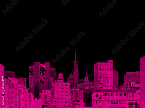 Photography Pink buildings of the New York City skyline contrast against the black night sky