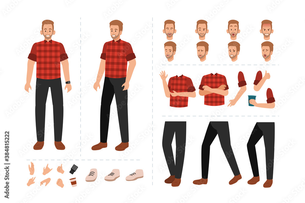 Young man cartoon character for motion design with facial expressions, hand gestures, body and leg movement Young man cartoon character for motion design with facial expressions, hand gestures, body and leg movement