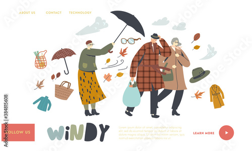 Seniors Fighting with Strong Wind Landing Page Template. Aged Couple Walk in Windy Weather, Lady with Destroyed Umbrella