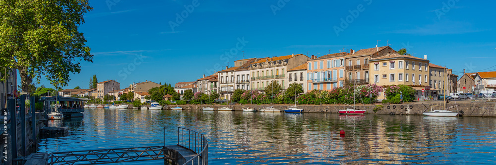 Panorama view of Herault river at the port of Agde, Languedoc-Roussillon France