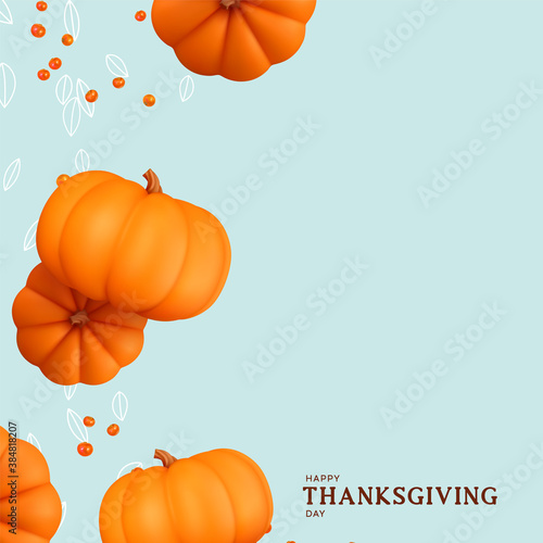 Thanksgiving day. Holiday background with realistic 3d orange pumpkins, red falling viburnum berries, levitation leaves. Gift card, Festive poster, banner, brochure, cover, flyer. Vector illustration
