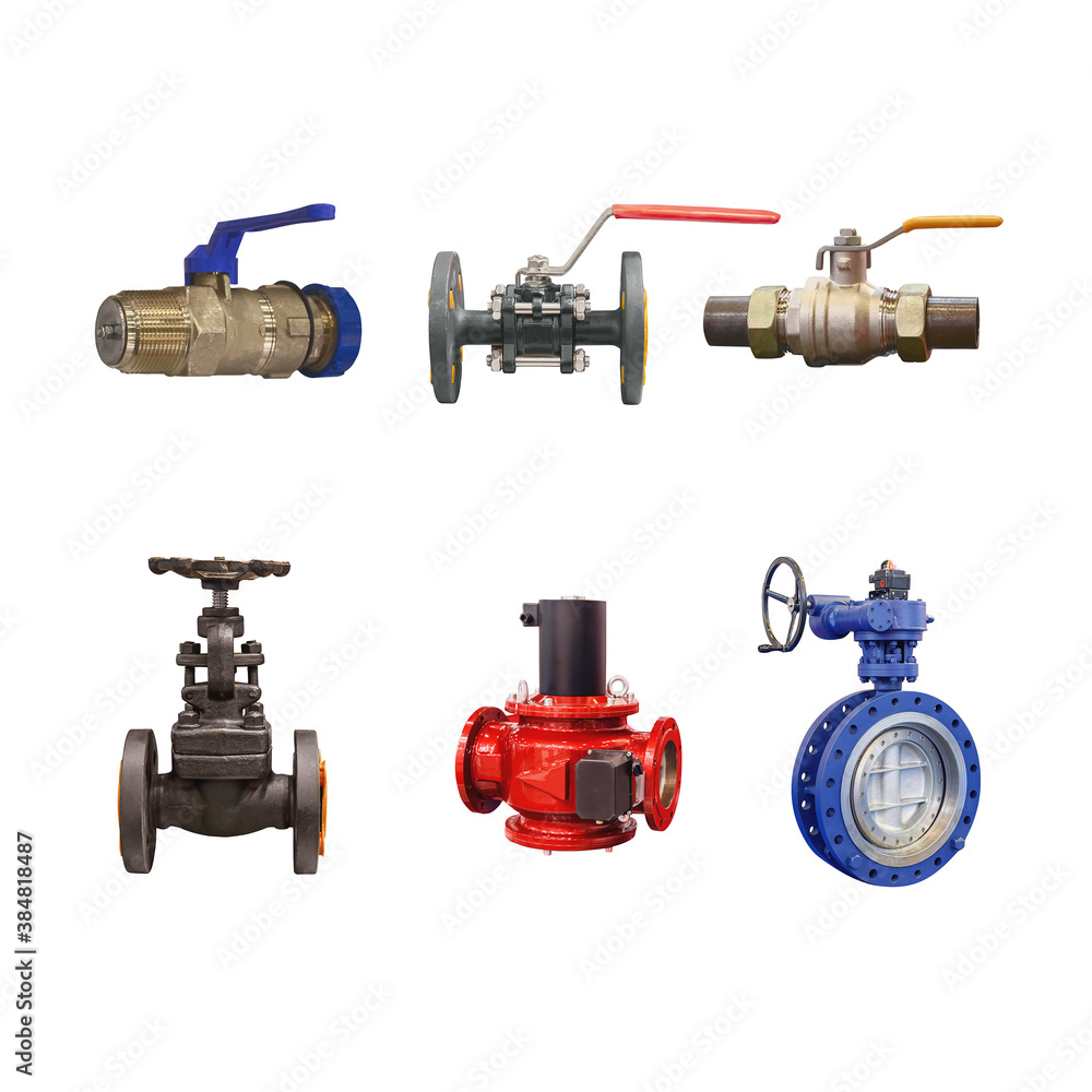 a group of modern shut-off valves of various designs for a gas pipeline isolated on white background