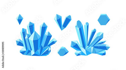 Ice crystals isolated in white background. Set of druses and separate crystals made of blue mineral. Vector illustration in cartoon style