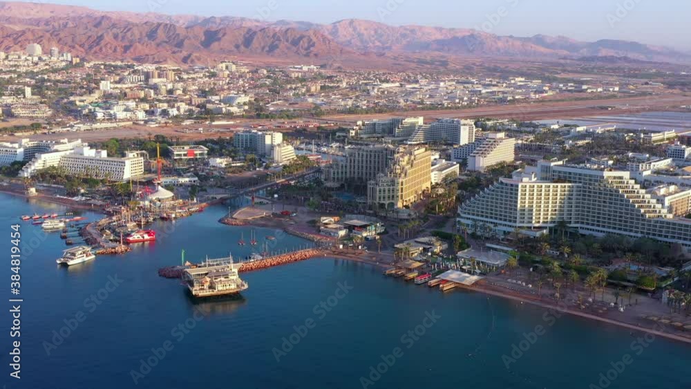 Eilat coastline, waterfront hotels and The Red Sea , Aerial view
Eilat coastline, waterfront hotels and The Red Sea , Aerial view