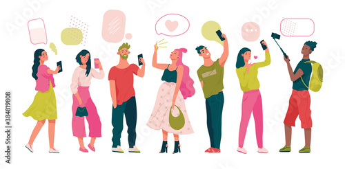 Group of young stylish women and men holdings smartphone, taking selfies. Selfies creative concepts. Flat cartoon vector illustration for designers templates