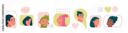 Group of selfies icons, icons with portraits of people. Selfies creative concepts. Flat cartoon vector illustration for designers templates