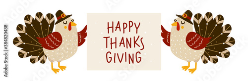 Cute turkeys with Thanksgiving greeting card isolated on white