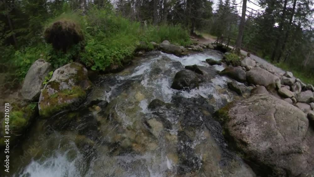 Mountain Forest Creek with Rocks and Stones View From Flying Wide Angle Camera Mountain Forest Creek with Rocks and Stones View From Flying Wide Angle Camera