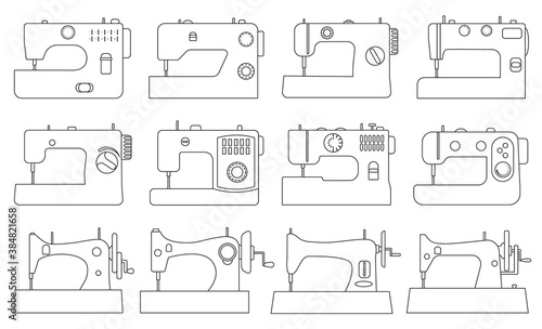 Sewing machine vector illustration on white background. Isolated outline set icon tool for sew. Vector outline set icon sewing machine.