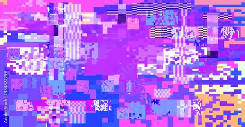Glitch datamoshing camera effect. Retro VHS background like in old video tape rewind or no signal TV screen. Vaporwave style vector illustration.