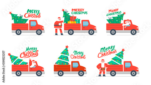 Christmas truck and Christmas tree. Red pickup with santa claus. Christmas tree and gift boxes