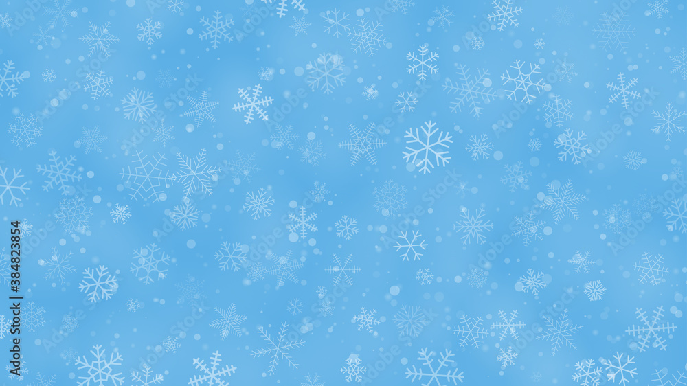 Christmas background of snowflakes of different shapes, sizes and transparency in light blue colors