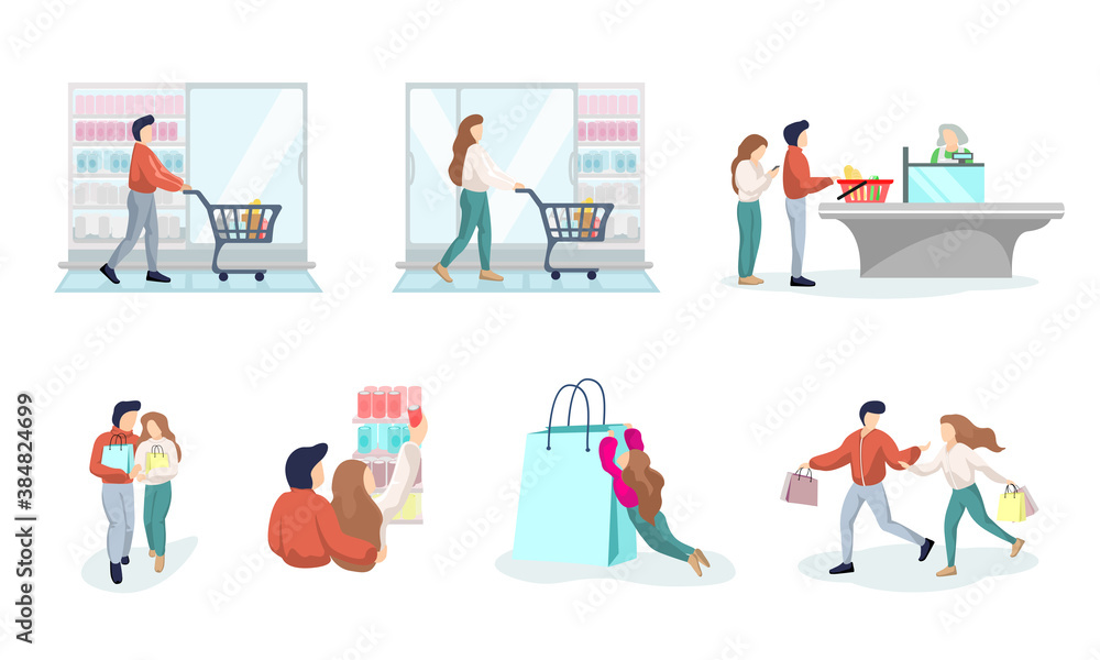 Young couple shopping in supermarket. Male and female buying products in grocery store. Man and woman shop customers purchase and consumption goods set. Cartoon mall consumers vector eps illustration