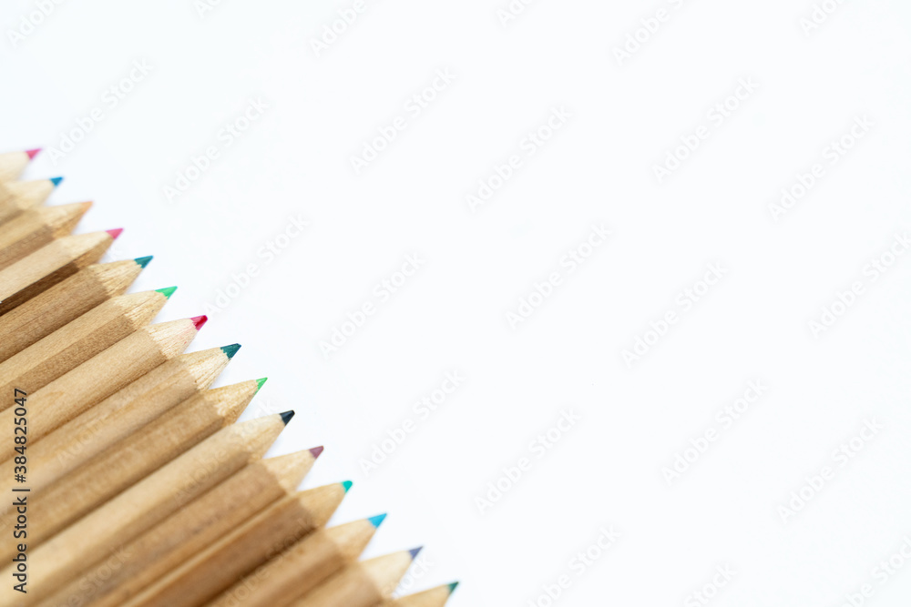 Wooden pencil collection for drawing and painting isolated on white background. Back to school concept. Side diagonal view of sorted pencils by different color and shape. Wooden pencil collection for drawing and painting isolated on white background. Back to school concept. Side diagonal view of sorted pencils by different color and shape.