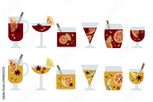 Christmas mulled wine with citrus fruit, apple, cinnamon, clove, cardamom and anise. Winter hot drink in glass. Sangria, apple cider. Traditional xmas beverage. Vector illustration, flat cartoon style