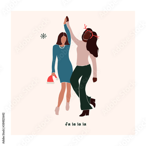 Abstract christmas greeting card with two friends girls dancing. Trendy new year winter holiday poster template. Vector illustration in hand drawn flat style
