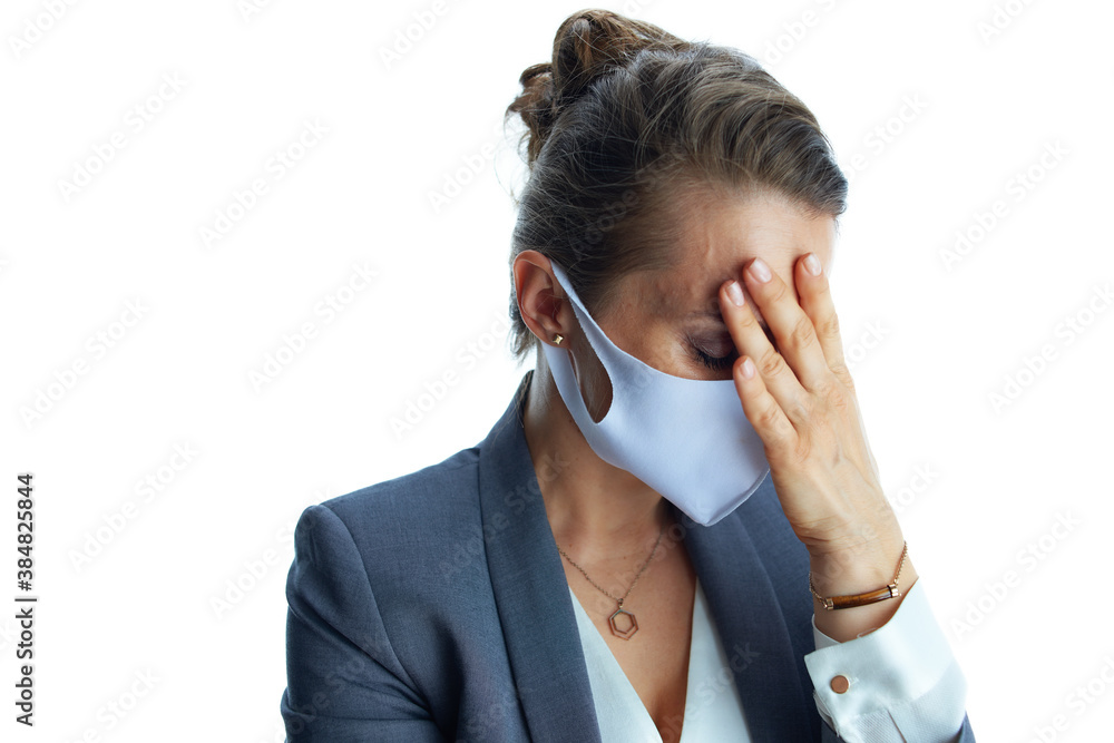 stressed modern business woman in grey suit on white stressed modern business woman in grey suit on white