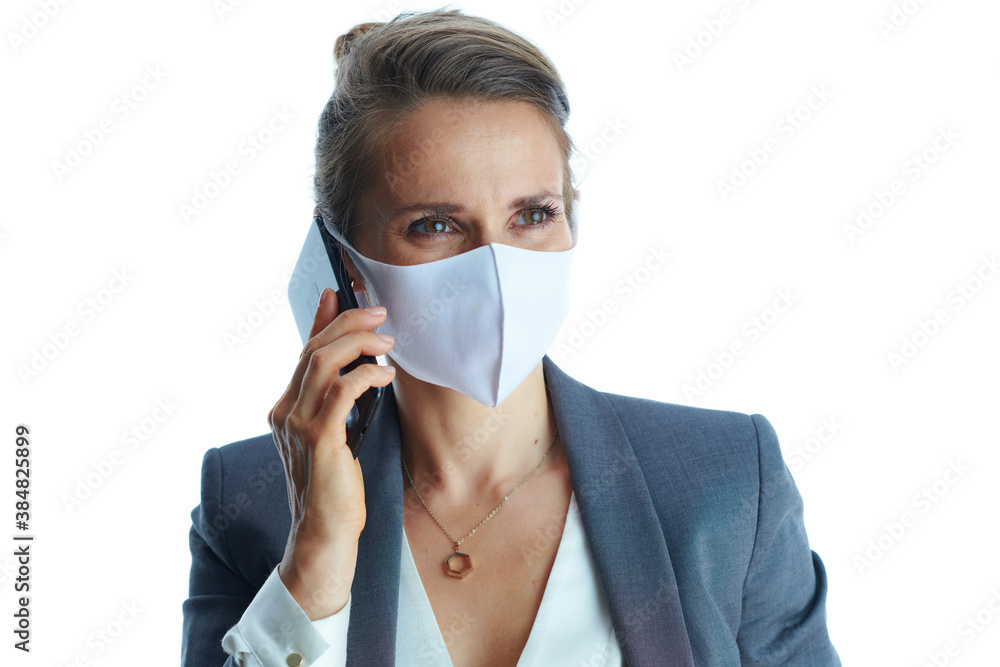 modern business woman in grey suit on talking on phone modern business woman in grey suit on talking on phone