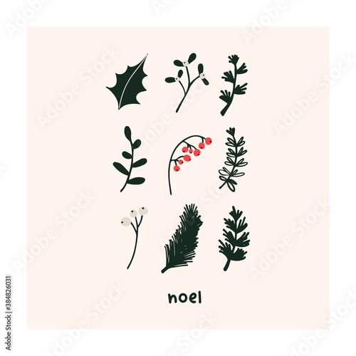 Abstract christmas greeting card with xmas holly jolly spruce branches. Trendy new year winter holiday poster template. Vector illustration in hand drawn flat style
